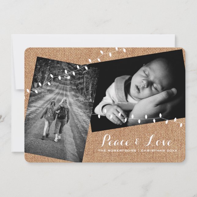 Faux Burlap Christmas Photos Lights Peace and Love Holiday Card (Front)