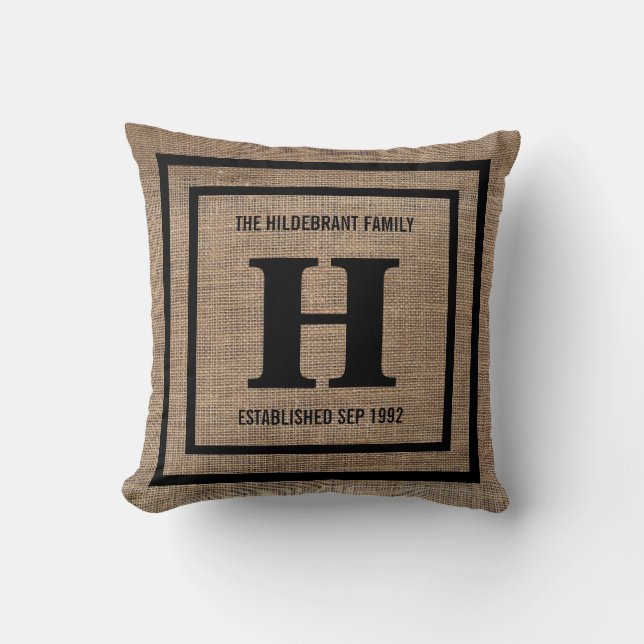 Faux Burlap Family Monogram Cushion (Front)