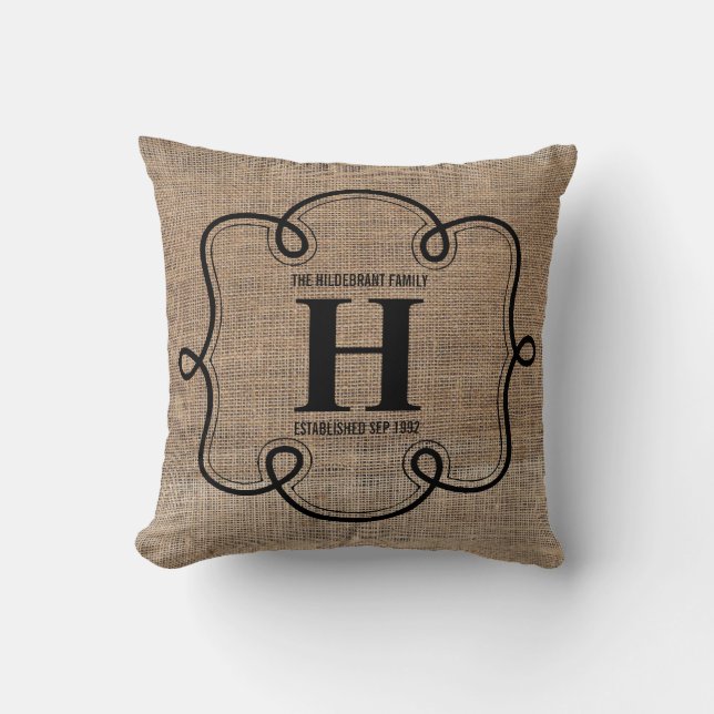 Faux Burlap Family Monogram Cushion (Front)