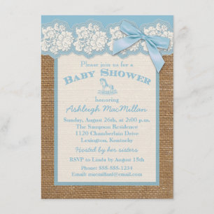 FAUX Burlap Ivory Lace, Blue Baby Shower Invite