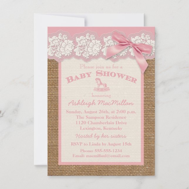 FAUX Burlap Ivory Lace, Pink Baby Shower Invite (Front)
