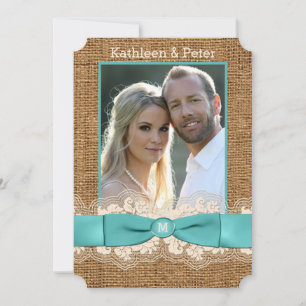 FAUX Burlap, Lace, Bow PHOTO Wedding Invite - Aqua