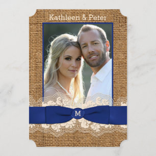 FAUX Burlap, Lace, Bow PHOTO Wedding Invite - Blue