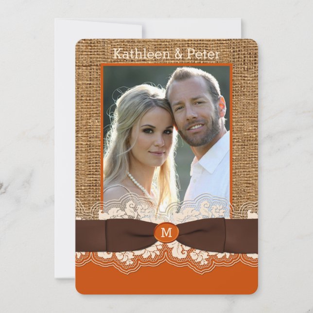 FAUX Burlap Lace Bow PHOTO Wedding Invite, Brown 2 Invitation (Front)