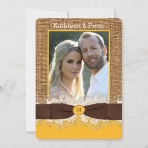 FAUX Burlap Lace Bow PHOTO Wedding Invite, Brown 3 Invitation