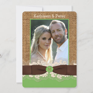FAUX Burlap Lace Bow PHOTO Wedding Invite, Brown 4 Invitation