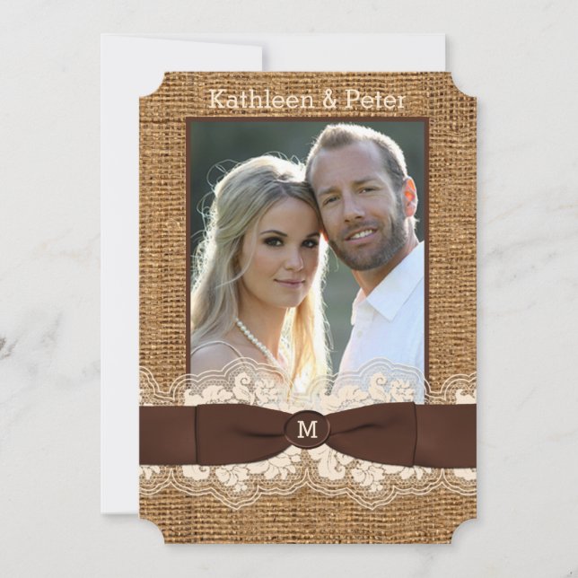 FAUX Burlap, Lace, Bow PHOTO Wedding Invite, Brown Invitation (Front)