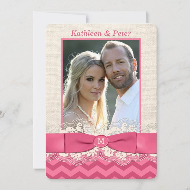 FAUX Burlap, Lace PHOTO Wedding Invite, Chevron 3 Invitation (Front)