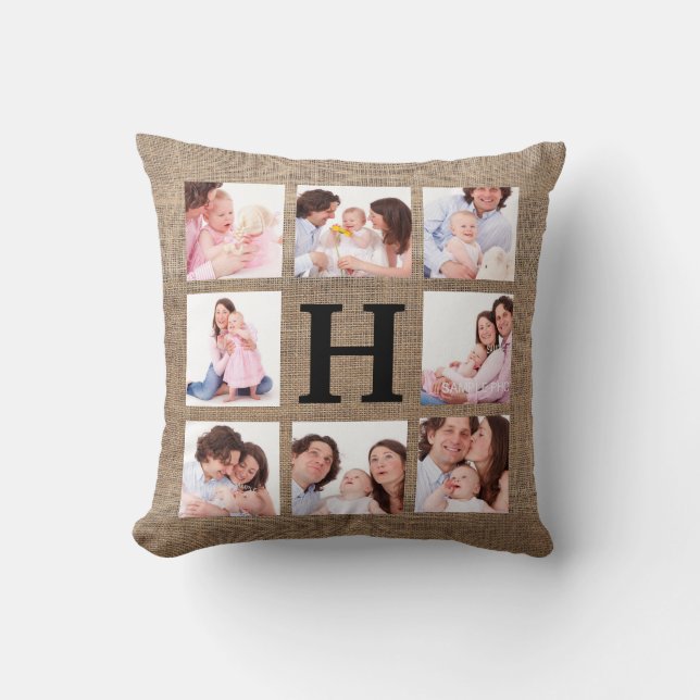 Faux Burlap Monogram with 8 Family Photos Cushion (Front)