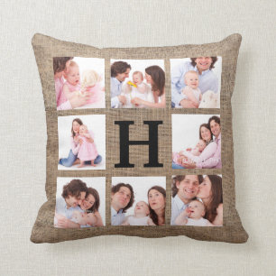 Faux Burlap Monogram with 8 Family Photos Cushion