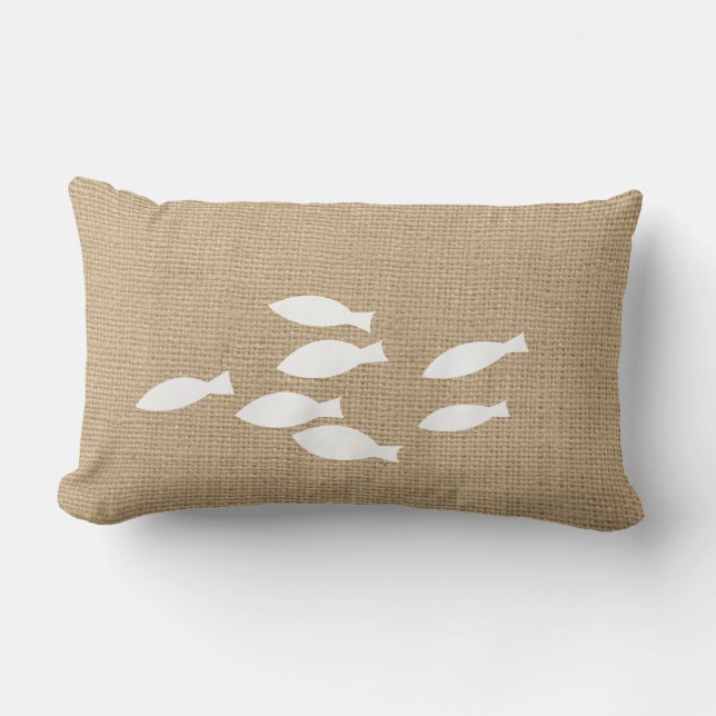 Faux Burlap Nautical Throw Pillow with Fish (Front)