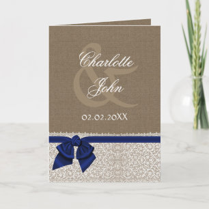FAUX burlap, navy blue and white lace Thank You Card
