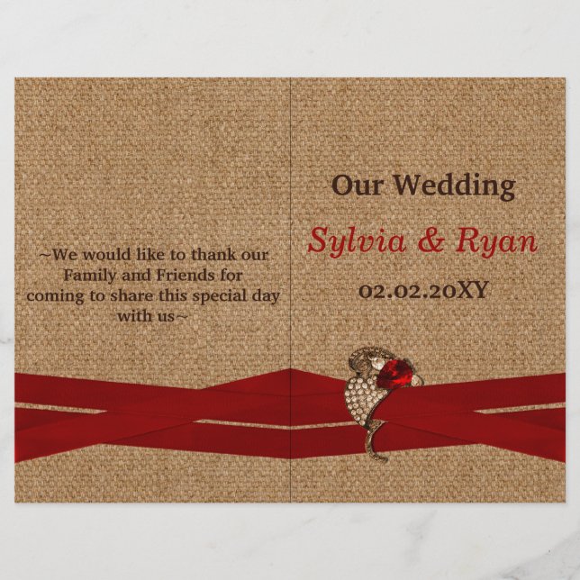 FAUX burlap ,red brooch bi fold Wedding program (Front)