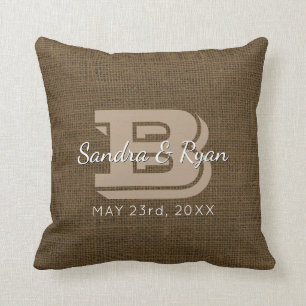 Faux Burlap Rustic Monogram Wedding Date Cushion