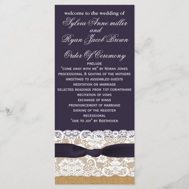 FAUX burlap, rustic wedding programs tea length (Front)