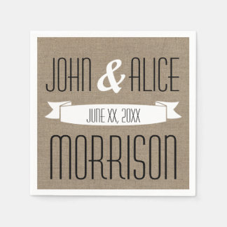 Faux Burlap White Ribbon Monogram Paper Napkins