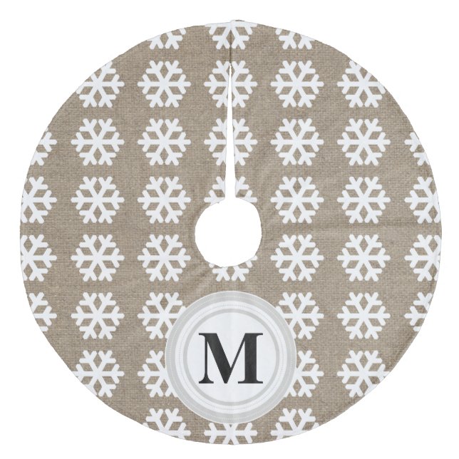 Faux Burlap White Snowflakes Monogram Tree Skirt (Front)