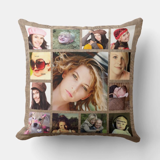 Faux Burlap with Instagram Photo Collage Cushion (Front)