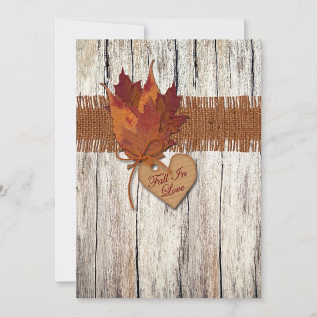 FAUX Burlap, Wood, Leaves, Heart Wedding Invite (Front)