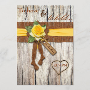FAUX Burlap, Wood, Yellow Rose Wedding Invitation