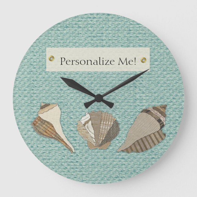 Faux Canvas Fabric Personalised Seashell Applique Large Clock (Front)