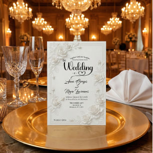 Faux Carved White Rose Bas Relief Floral Wedding  Invitation