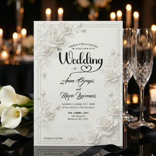 Faux Carved White Rose Bas Relief Floral Wedding Invitation