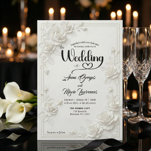 Faux Carved White Rose Bas Relief Floral Wedding  Invitation