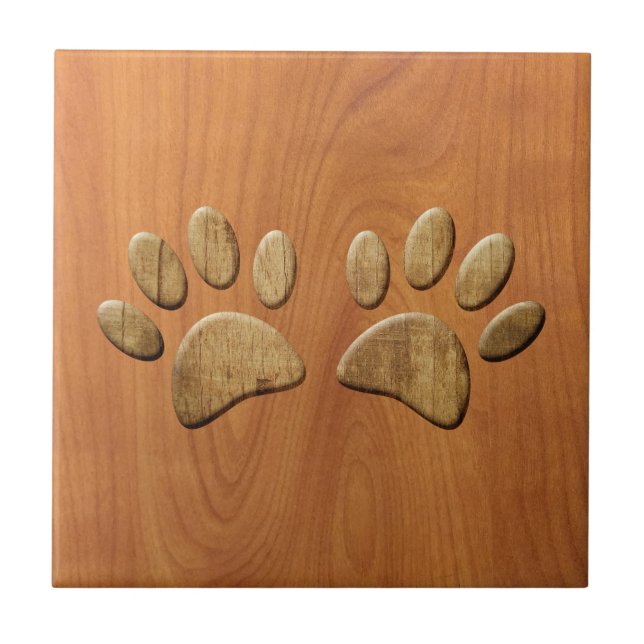 Faux Carved Wood Dog Paw Prints Ceramic Tile (Front)
