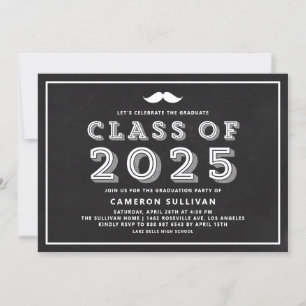 Faux Chalkboard Class of 2025 Moustache Graduation Invitation