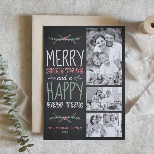 Faux Chalkboard Merry Christmas Three Photo Holiday Card