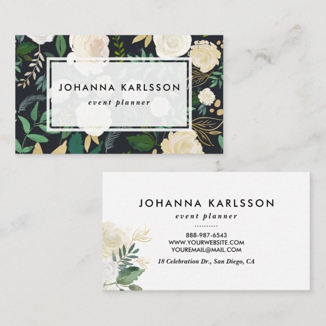 Faux Chalkboard Watercolor Flowers & Gold Glitter Business Card (Front/Back)