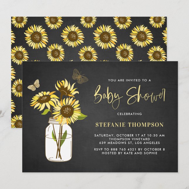 Faux Chalkboard Yellow Sunflowers Baby Shower Invitation (Front/Back)