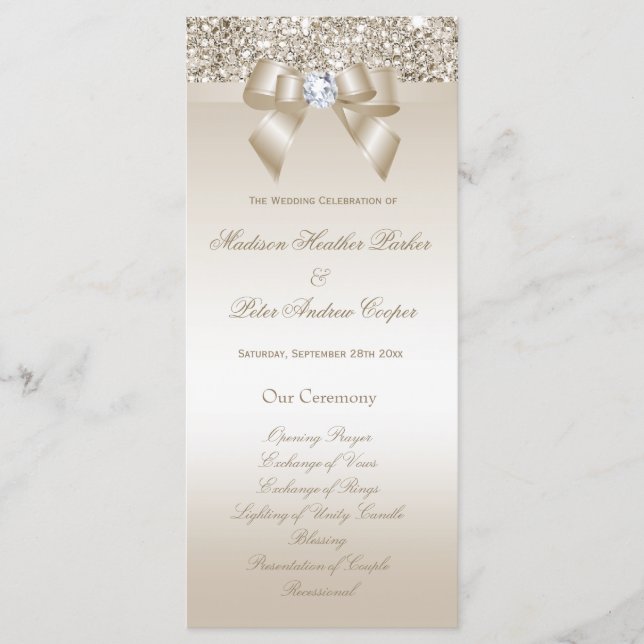 Faux Champagne Sequins Diamond Bow Wedding Program (Front)