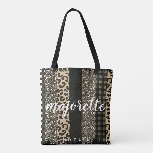 Faux Cheetah and Glitter Personalized Majorette Tote Bag (Back)