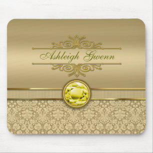 Faux Citrine Yellow Gemstone Metallic Gold Damask Mouse Pad