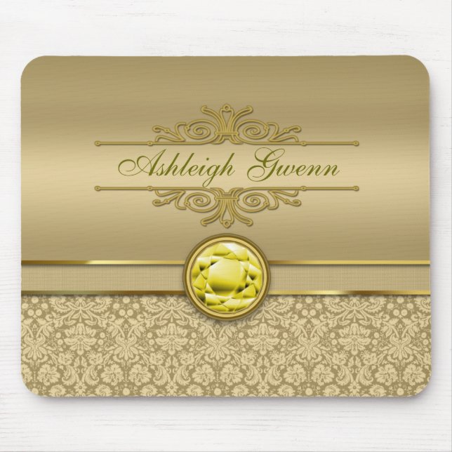 Faux Citrine Yellow Gemstone Metallic Gold Damask Mouse Pad (Front)
