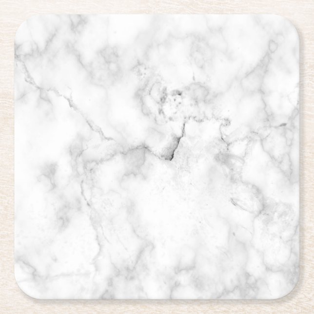 Faux Classic White and Grey Carrera Marble Square Paper Coaster (Front)