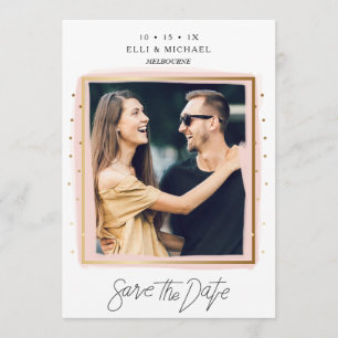 Faux Confetti Pink White Photo Save The Date Card