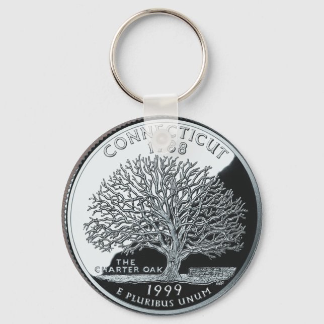 Faux Connecticut State Quarter Charter Oak Tree Key Ring (Front)