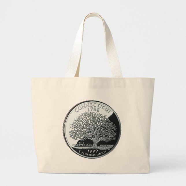 Faux Connecticut State Quarter Charter Oak Tree Large Tote Bag (Front)