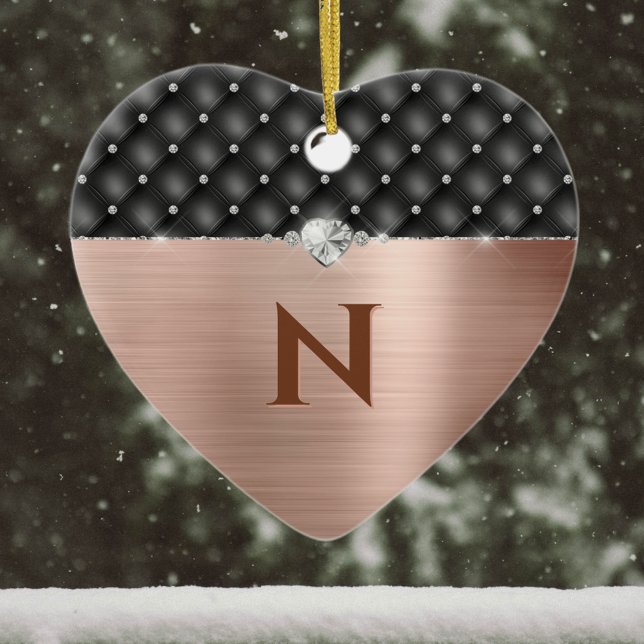 Faux Copper Glam and Diamond Leather Monogram Ceramic Ornament (Creator Uploaded)