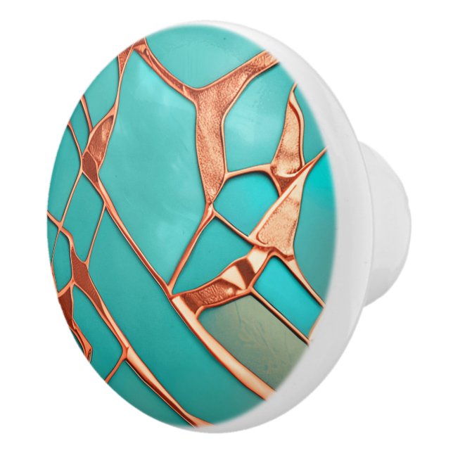 Faux copper lines over teal colour background ceramic knob (Right)