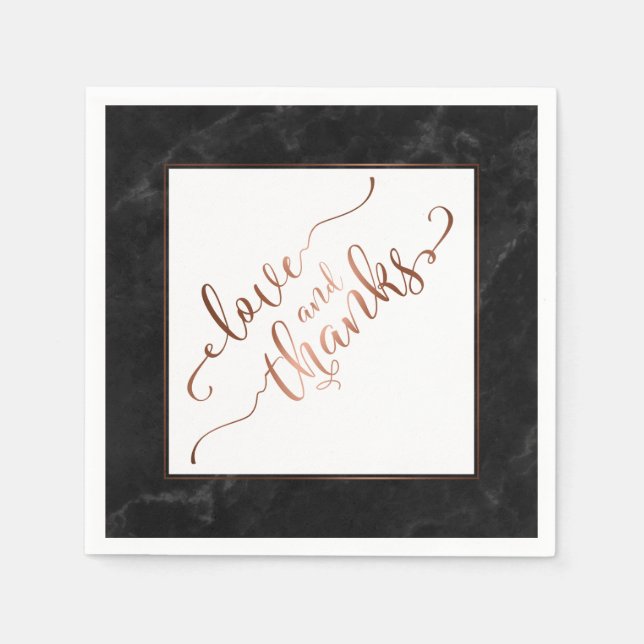 Faux Copper Script Love and Thanks w/ Black Marble Napkin (Front)