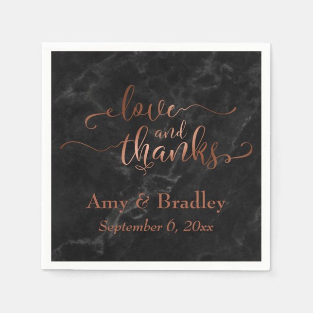 Faux Copper Script Love and Thanks w/ Black Marble Napkin (Front)