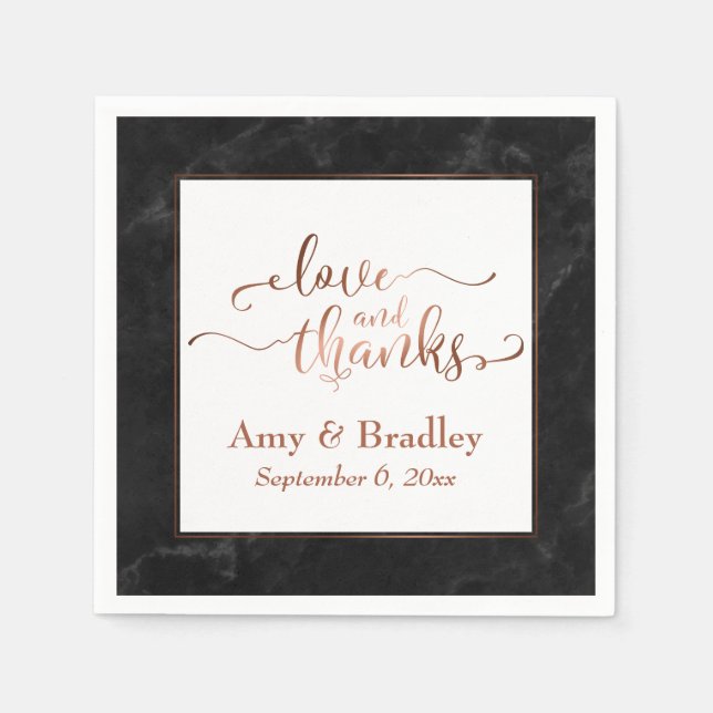 Faux Copper Script Love and Thanks w/ Black Marble Napkin (Front)