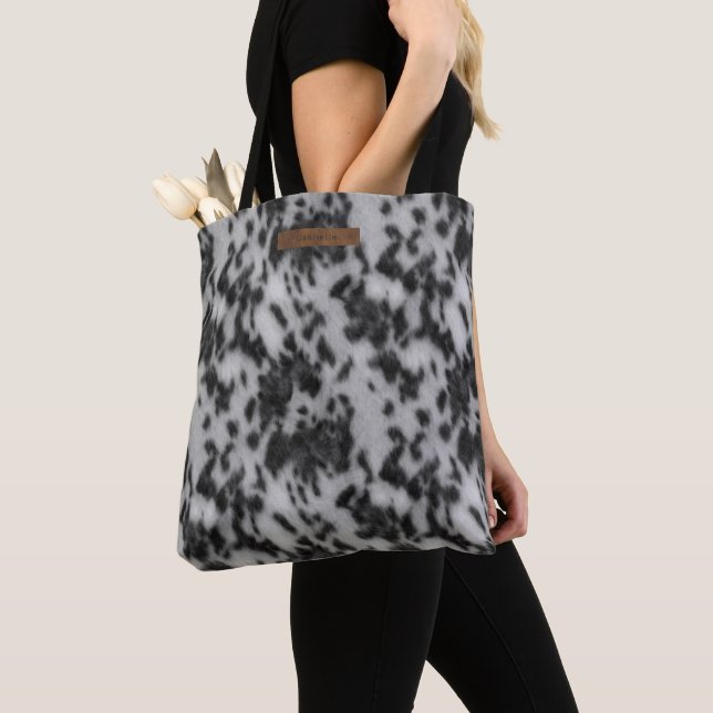 Faux Cowhide Black Animal Print Print Pattern Tote Bag (Close Up)