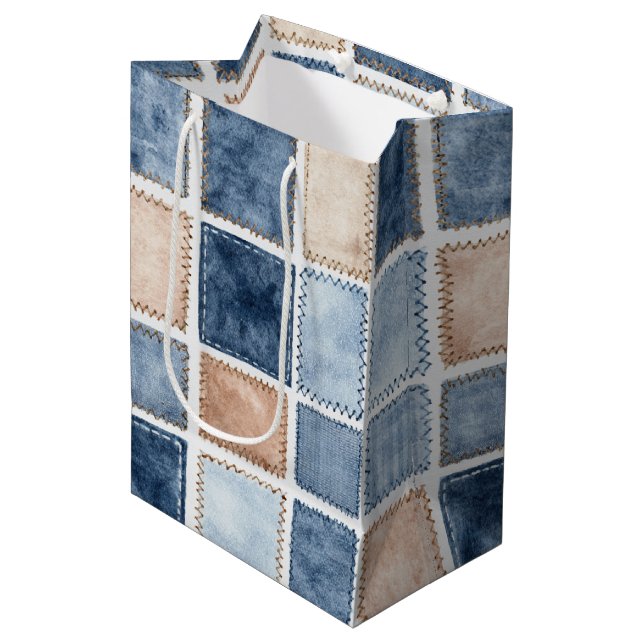 Faux Cream Denim Blue Jean Birthday Medium Gift Bag (Front Angled)