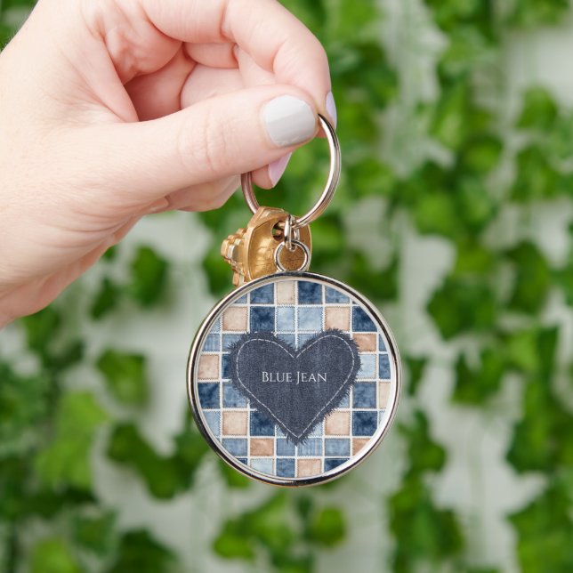 Faux Cream Denim Blue Jean Heart Key Ring (Hand)