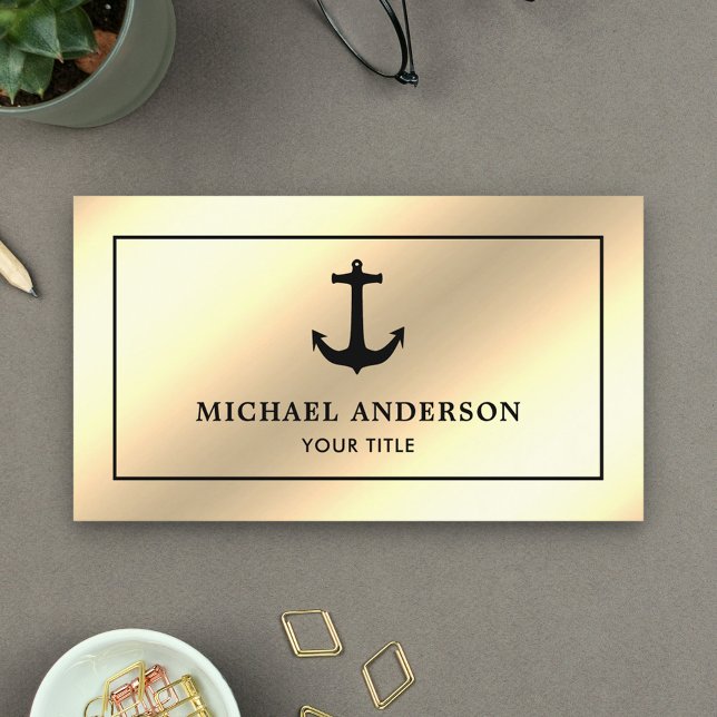 Faux Cream Gold Foil Black Nautical Anchor Business Card (Creator Uploaded)